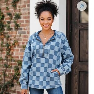 Hazel Blues Checkered HALF ZIP‎ Denim Hoodie Half Zip Jacket Top Sz L EUC